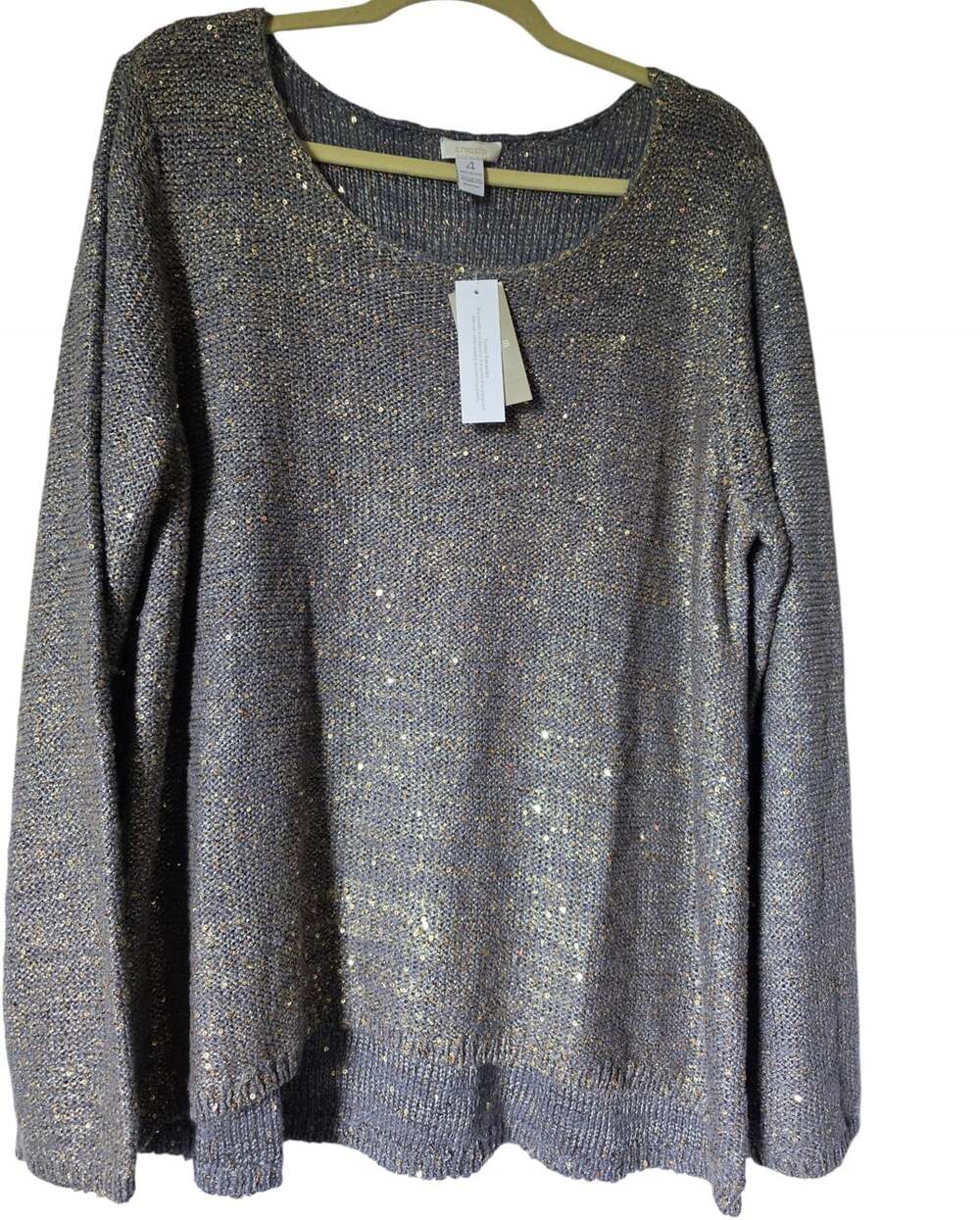 NWT Chico's Womens Lavender Gray Long-Sleeve Gold Sequins Scoop Neck Sweater Sz